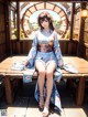 A woman in a kimono sitting on a wooden bench.