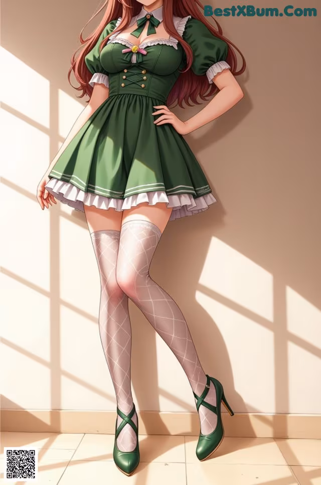 A woman in a green dress and white stockings posing for a picture.