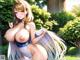 Anime girl with big tits posing in a garden.