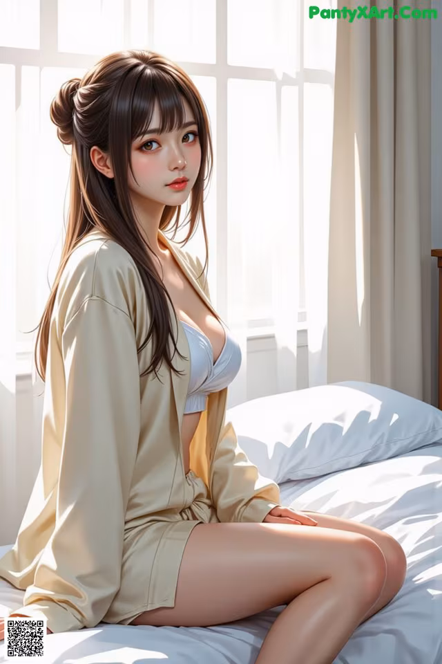 A woman sitting on a bed in a bedroom.