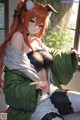 Anime girl in a kimono sitting on a window sill.